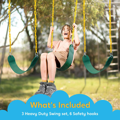 Child enjoying 3 Pack Green Swing Seats Heavy Duty 66 Inch Chains Replacement Swing Set Accessories outdoors with snap hooks.