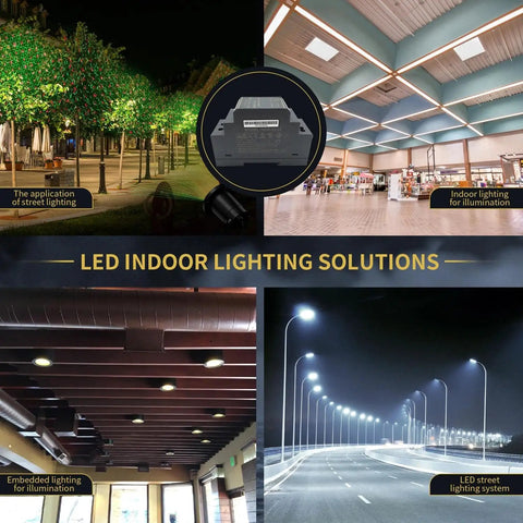 LED Indoor Lighting Solutions collage with street and indoor lights for illumination, showcasing styles and applications.