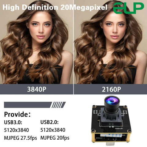 Ultra HD 20MP USB3 Camera Module 4K 30FPS Webcam Board with wide angle lens, shown with image quality comparison at 3840P and 2160P.