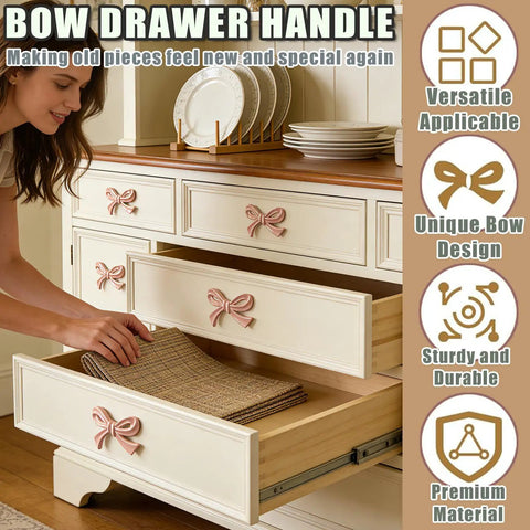 Bow Shaped Dresser Knobs 10 Pack Pink Zinc Alloy Drawer Pulls on white dresser with open drawers showcasing handle detail