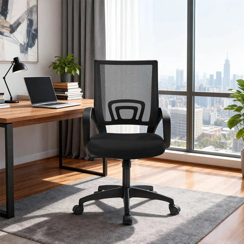 Ergonomic Office Chair With Breathable Mesh Back And Lumbar Support in a modern home office setup by a city view window.