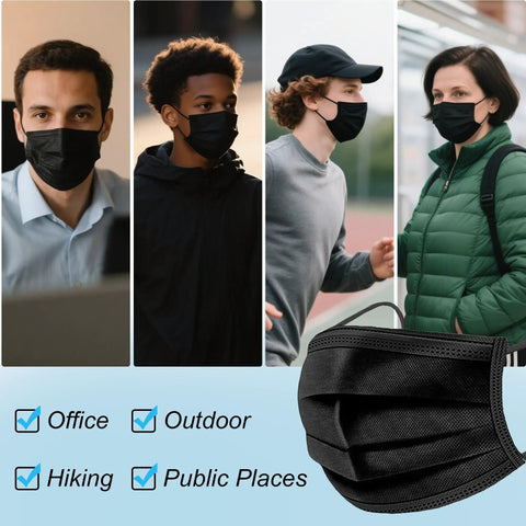 Black 3 Ply Disposable Face Masks Pack Of 100 For Men And Women Non Woven Breathable Everyday Use Indoor Outdoor