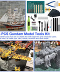 103 Piece Professional Model Tool Kit For Plastic Models And Gunpla Dope Hobby Tools Set with models of ships, planes, and robots