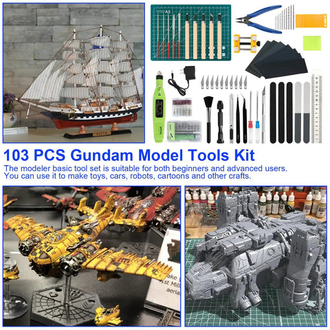 103 Piece Professional Model Tool Kit For Plastic Models And Gunpla Dope Hobby Tools Set with models of ships, planes, and robots