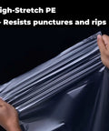 Hands stretching Heavy Duty Nylon Pack Liner Bags 20 By 36 Inch 10 Pack Thick Five Point Five Mil Clear Liners against a black background