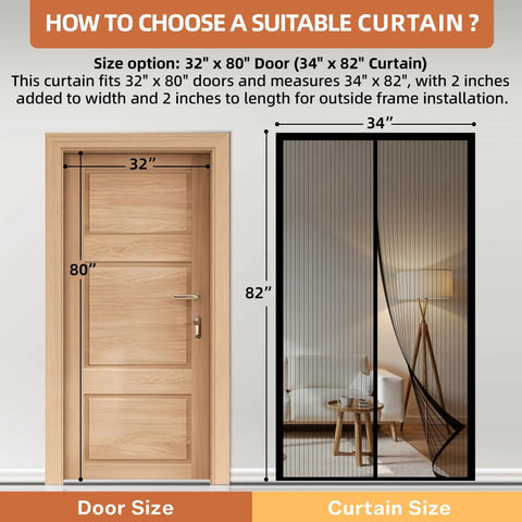 Diagram comparing 32x80 door size with 34x82 magnetic screen door mesh, illustrating fit and installation for patio or sliding doors.