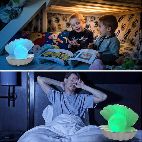 Shell Pearl Beach Themed Night Light With 8 Color RGB Mood Lighting Clamshell Bedside LED Lamp in cozy bedroom settings