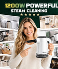 14in1 Handheld Steam Cleaner in use, showcasing high temp steam capabilities and multiple surfaces being cleaned.