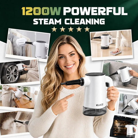 14in1 Handheld Steam Cleaner in use, showcasing high temp steam capabilities and multiple surfaces being cleaned.
