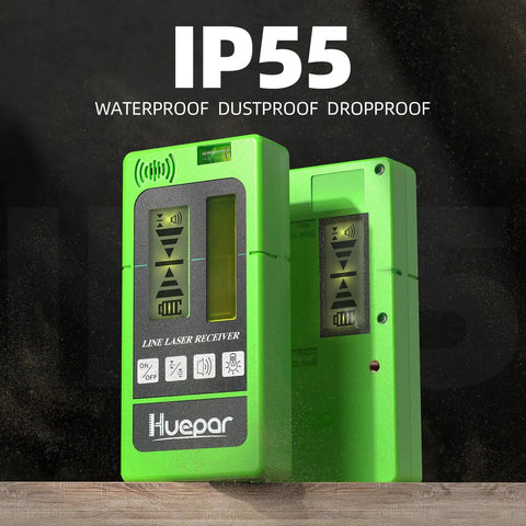 LR-5RG Laser Receiver For Line Lasers With Green And Red Beam Detection, shown with IP55 rating and dual back-lit LCD displays.