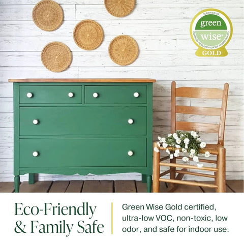 Green dresser with white knobs, wooden chair with flowers, eco-friendly certified All In One Chalk Paint For Furniture And Cabinets.