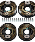 Four Pack 10 Inch By 2-1/4 Inch Electric Trailer Brake Assemblies For 3500 Lbs Axles Left And Right Fits Alko Dexter Quality And Other Brands Durable Plug And Play Install Trailer Brake Kit, showing four assemblies with hardware
