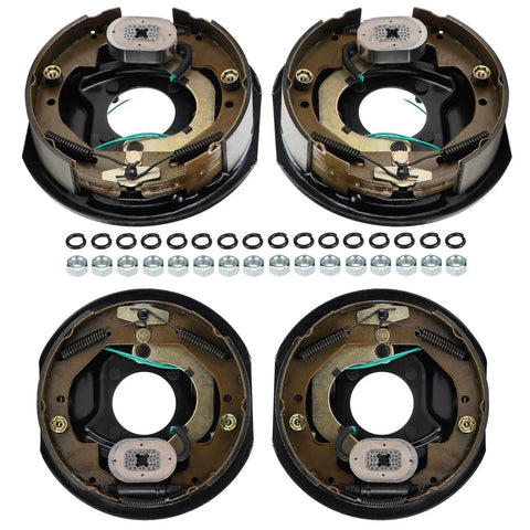 Four Pack 10 Inch By 2-1/4 Inch Electric Trailer Brake Assemblies For 3500 Lbs Axles Left And Right Fits Alko Dexter Quality And Other Brands Durable Plug And Play Install Trailer Brake Kit, showing four assemblies with hardware