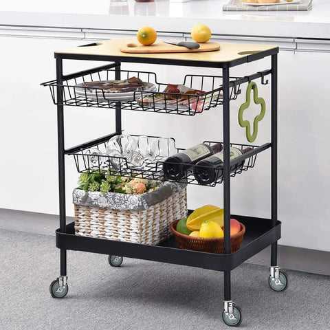 No Nonsense Heavy Duty 4 Inch Casters For Wire Shelving Racks supporting a kitchen cart with fruits and drinks.