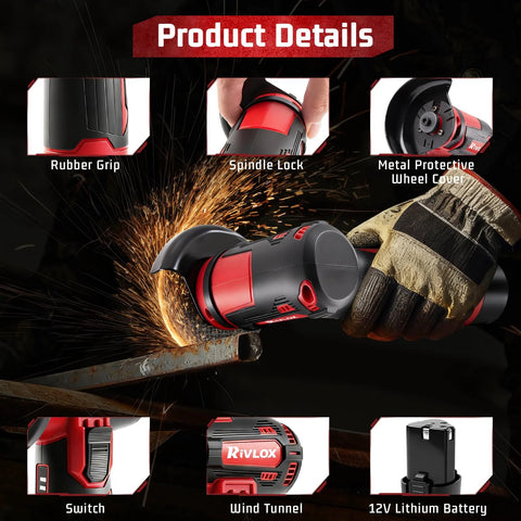 Rivlox cordless 3-inch mini angle grinder kit with 2x12V batteries, charger, and 5 cutting discs front view