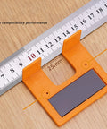90 Degree Cabinet Hinge Installation Tool With Magnetic Mounting for Woodworking and Doors, Accurate 2mm Position Jig next to ruler