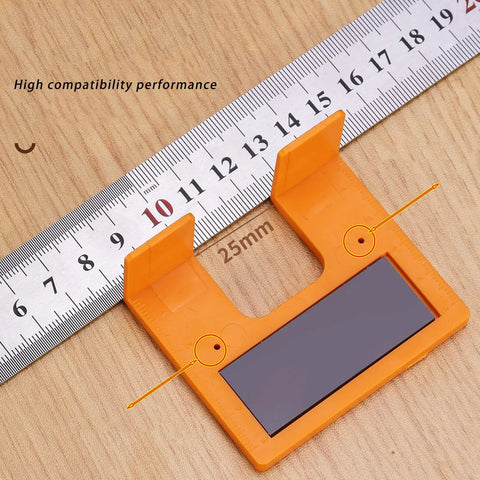 90 Degree Cabinet Hinge Installation Tool With Magnetic Mounting for Woodworking and Doors, Accurate 2mm Position Jig next to ruler