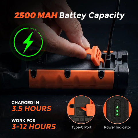 Close-up of Rechargeable LED Flashlight With Zoomable Head And 180 Degree Swivel showing charging port and power indicator.