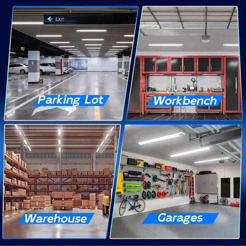 6 Pack 4ft Linkable LED Shop Light Utility Fixture 4400 Lumens 42W 250 Watt Equivalent installed in various settings