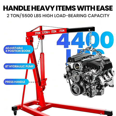 Rock Solid Heavy Duty Two Ton 4400 Pounds Engine Hoist Cherry Picker with adjustable boom and hydraulic pump lifting engine.