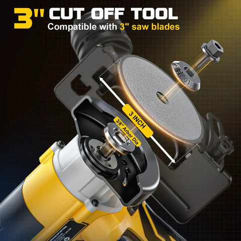 Cordless Cut Off Tool Kit For Wood Metal Plastic Tile Stone 20V Battery Compatible 3 Inch Circular Saw With Brushless Motor 20000 RPM Includes Blades And Dust Shroud Tool Only displayed with 3-inch saw blade and arbor size details