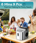 Front view of a silver EUHOMY portable countertop ice maker with handle; 26.5 lb/day, 9 cubes in 6 mins.