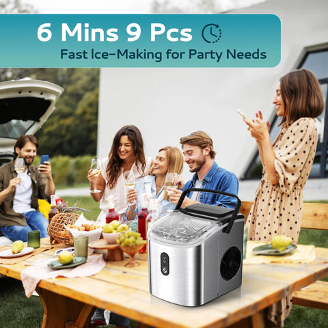 Front view of a silver EUHOMY portable countertop ice maker with handle; 26.5 lb/day, 9 cubes in 6 mins.
