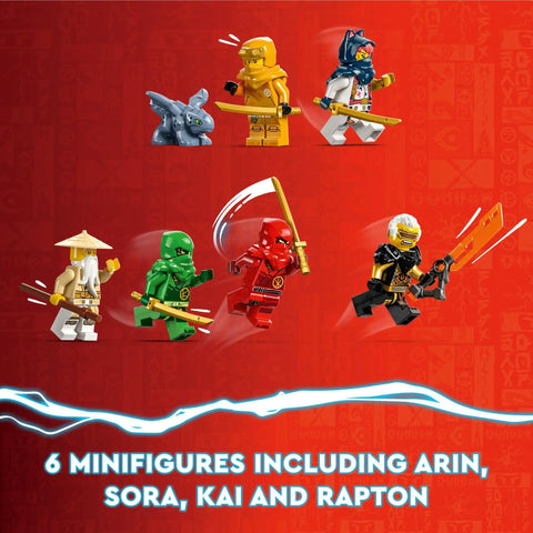 Ninjago Destiny's Bounty Race Against Time 71797 Airship Battle Set with 6 minifigures in action poses on red background