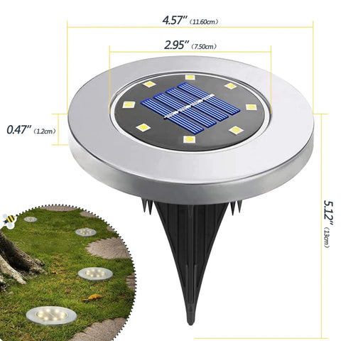 Solar Ground Yard Lights 16 Pack Easy Install Waterproof Disk LED In Ground Lights diagram with dimensions and garden view