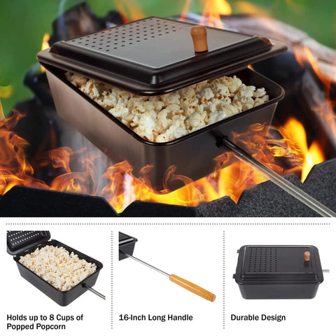Campfire Popcorn Popper For Open Flame Cooking With Nonstick Finish And Extended Handle over a campfire with popcorn