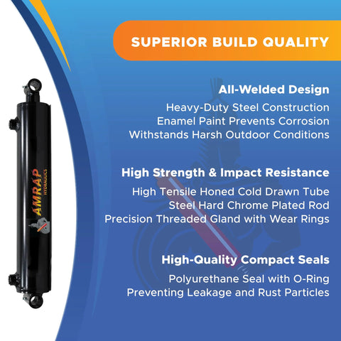 2x8 hydraulic cylinder, side view, black welded steel, double-acting with end eye mounts, Amazon brand label