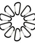 Aluminum Carabiner Clip Snap Hook Keychain Set Black With Multiple Sizes 1.5 1.9 2.2 2.4 2.8 Inch arranged in circle.