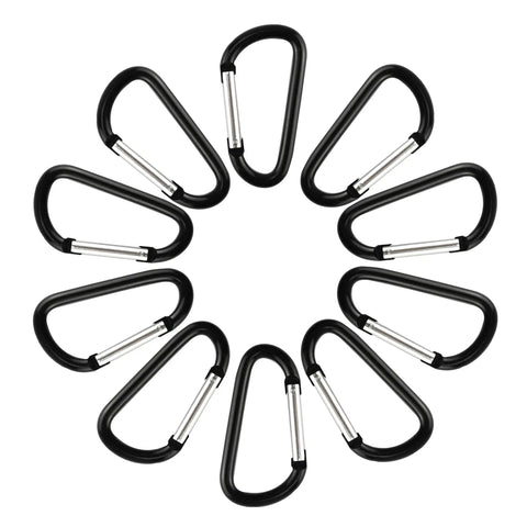 Aluminum Carabiner Clip Snap Hook Keychain Set Black With Multiple Sizes 1.5 1.9 2.2 2.4 2.8 Inch arranged in circle.
