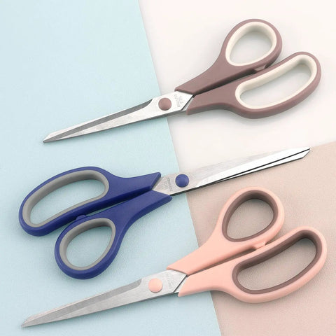 8.5 Inch Pastel Scissors Three Pack Heavy Duty Stainless Steel With Soft Grip Ergonomic Handles Left Or Right Hand Friendly Ultra Sharp Cutters For Crafting School Projects And Office Use. Three pastel scissors on a flat surface
