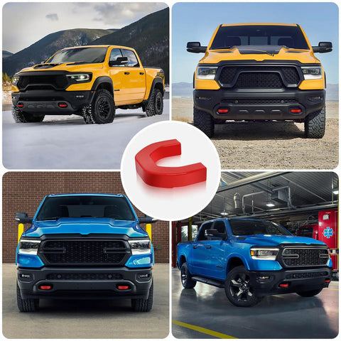 Dodge Ram 1500 Tow Hook Covers Red 2 Pack Easy Install Custom Fit Not Fit 1500 Classic Warlock 2500 3500 Tow Hitch Covers For Dodge Ram 1500 Accessories 2019-2026 showcased with trucks.