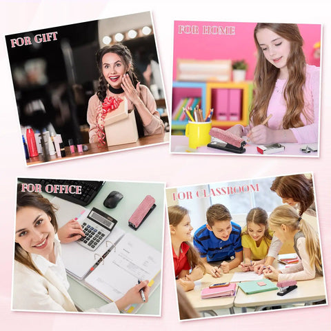 Collage of pink sparkle bling stapler with rhinestone glitter in various settings: gift, home, office, and classroom use.