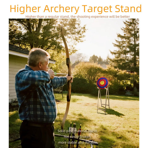 Man using Backyard Archery Target Stand With Adjustable Heights And Ground Pegs, Sturdy Pine Wood, Detachable and Easy To Assemble