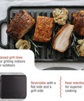Two Burner Cast Iron Griddle, Reversible Grill Pan, 13 By 8.5 Inches, Ready To Use With Kosher Certified Non GMO Flaxseed Oil Seasoning, features cooked meat and vegetables on grill side
