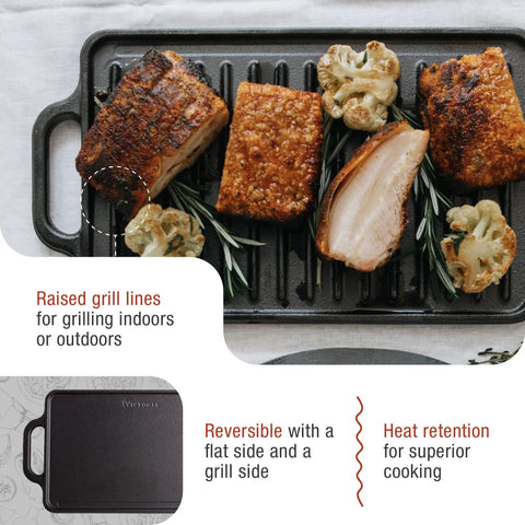 Two Burner Cast Iron Griddle, Reversible Grill Pan, 13 By 8.5 Inches, Ready To Use With Kosher Certified Non GMO Flaxseed Oil Seasoning, features cooked meat and vegetables on grill side
