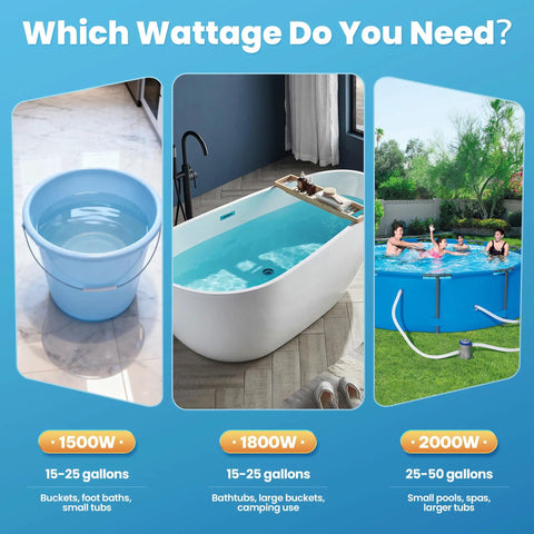 Image showcasing options for Dope Build 2000W Portable Submersible Water Heater With Rapid Heat 304 Stainless Immersion Rod.