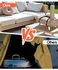 Comparison of heavy duty 12 inch pizza oven cover on patio vs damaged cover on grill; Top: our product, Bottom: others.