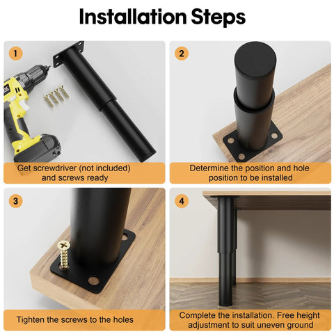 Installation steps for Adjustable Metal Furniture Legs Set Of Four From 5.12 To 9.45 Inches Built Tough For Sofa Bed Cabinet.