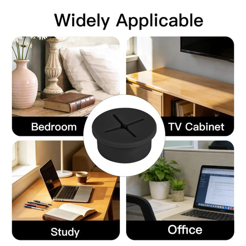 18 Pack Flexible Silicone Desk Cable Grommets With 1 Inch Hole Saw Heavy Duty Cord Hole Covers For Office Tables And Wall Panels Black displayed in home environments.