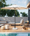 45Lbs Concrete Umbrella Base With Cobblestone Decor Heavy Duty Outdoor Umbrella Stand by a poolside deck with furniture and a dog