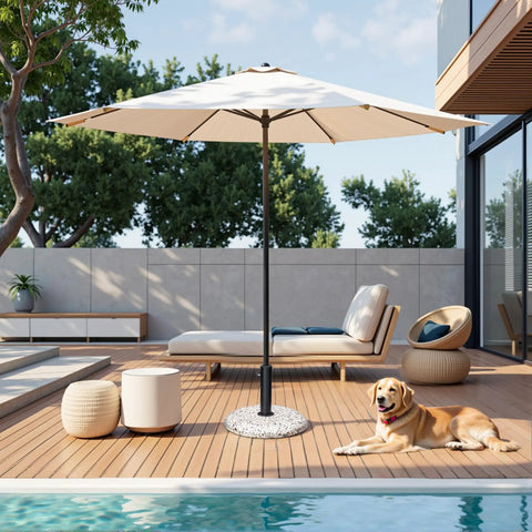 45Lbs Concrete Umbrella Base With Cobblestone Decor Heavy Duty Outdoor Umbrella Stand by a poolside deck with furniture and a dog