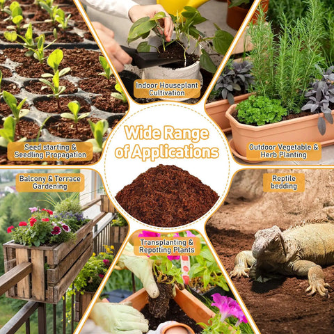 Montage of uses for 200 Pcs 30mm Organic Coconut Coir Seed Starter Pellets with images of planting applications and coconut coir.