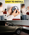 Woman installing Ultrasonic Garage Parking Sensor With LED Indicators Red Yellow Green, USB Powered, Wall Mount Setup in garage.