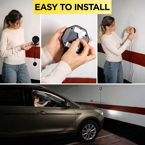 Woman installing Ultrasonic Garage Parking Sensor With LED Indicators Red Yellow Green, USB Powered, Wall Mount Setup in garage.