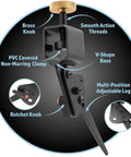 Pro Grind lathe tool sharpening jig with black PVC clamp, adjustable V-base and brass knob for bowl gouge and chisels