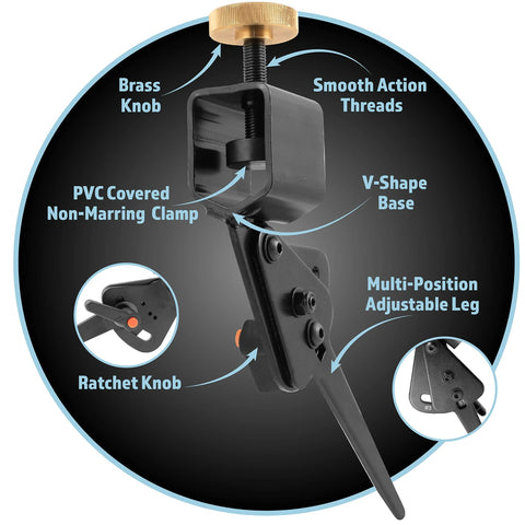 Pro Grind lathe tool sharpening jig with black PVC clamp, adjustable V-base and brass knob for bowl gouge and chisels